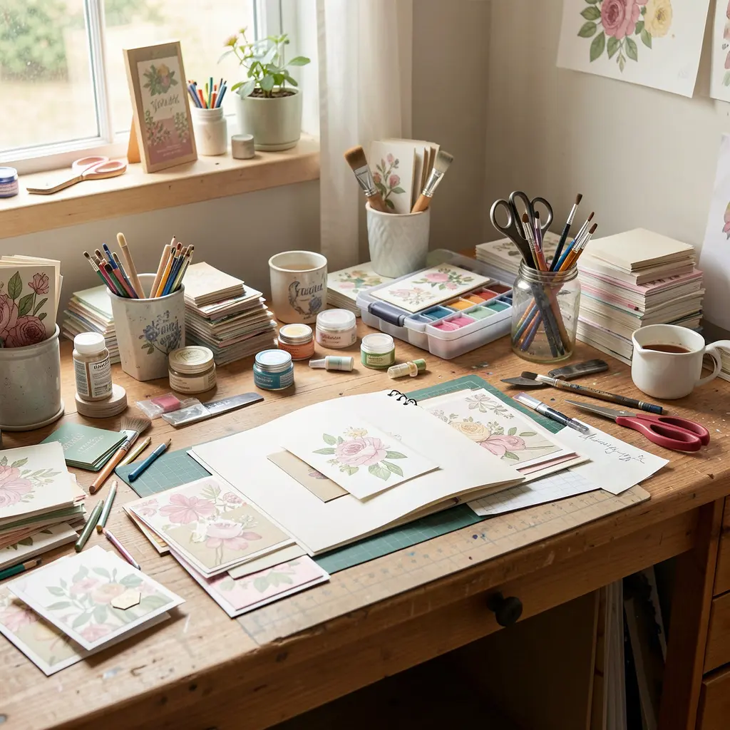 Artisan workspace with card making materials