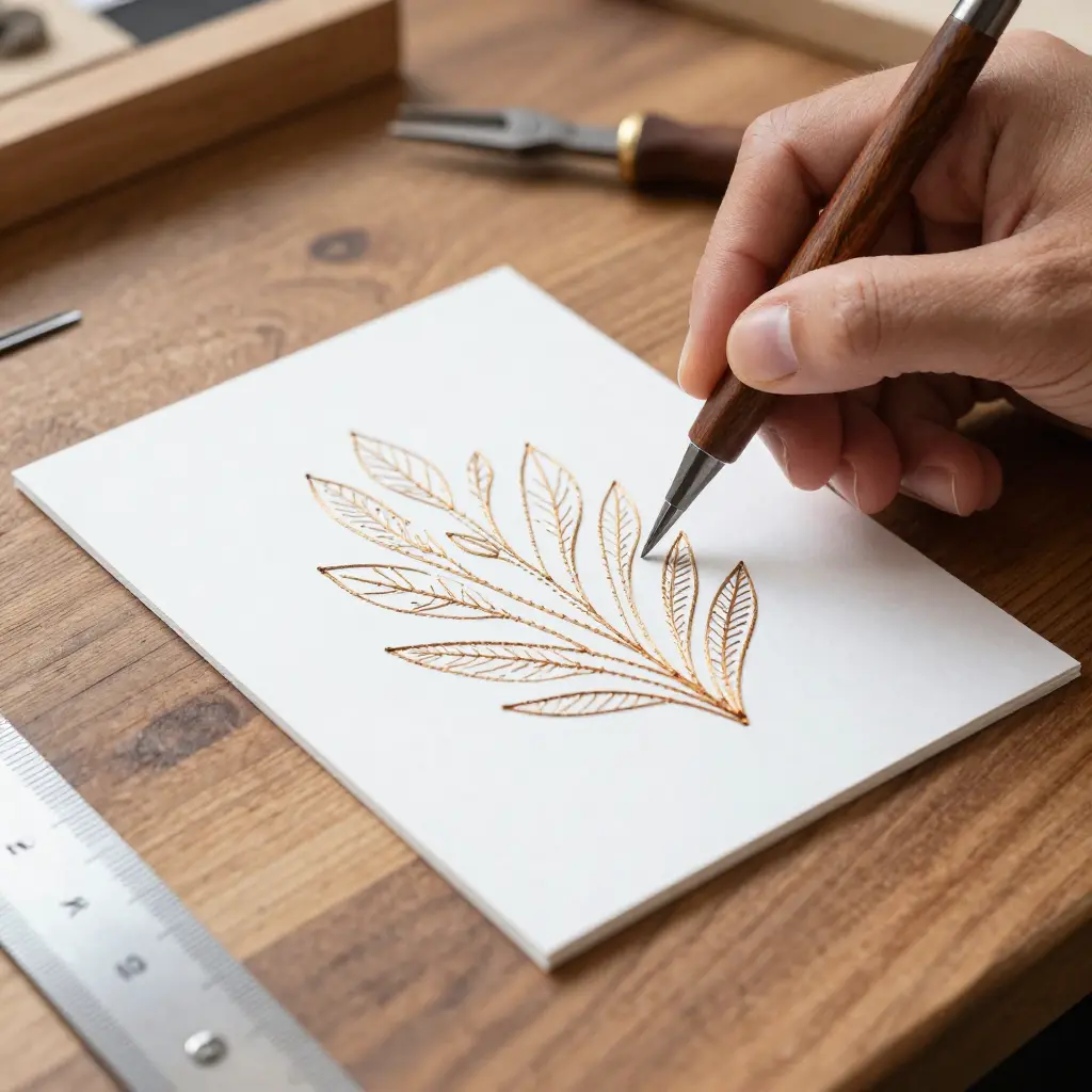 Artisan hand-crafting a card with precision tools